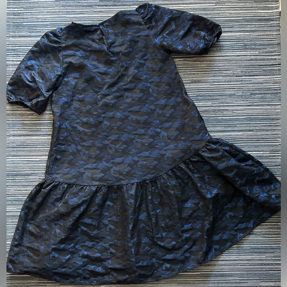 ZARA XS Voluminous Jacquard Metallic Blue Black Camo Swing Dress - Picture 4 of 11